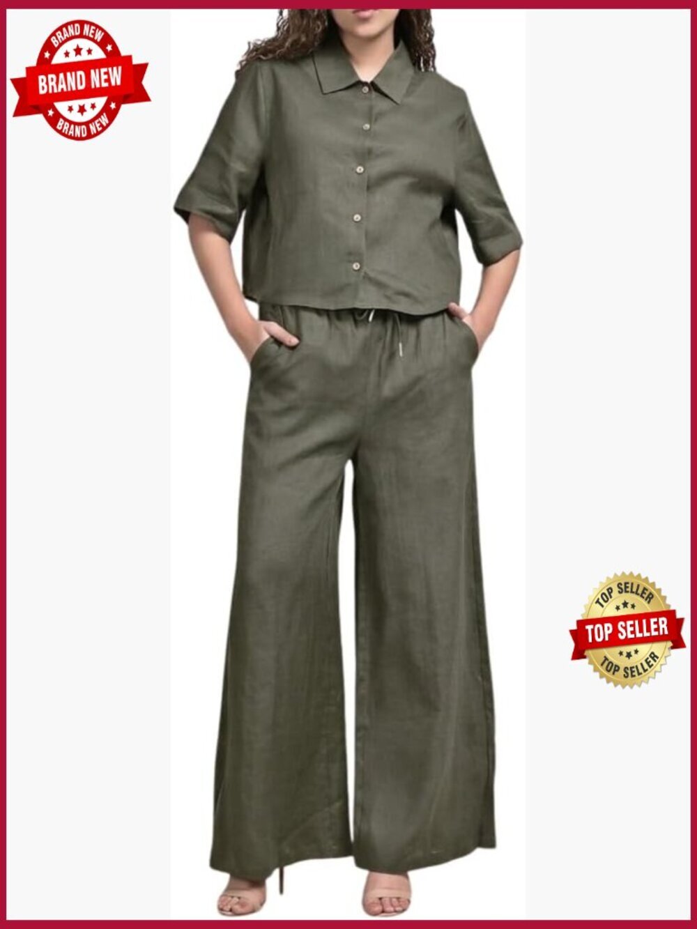 3 Piece Linen Lounge Set Crop Top Shorts Pants